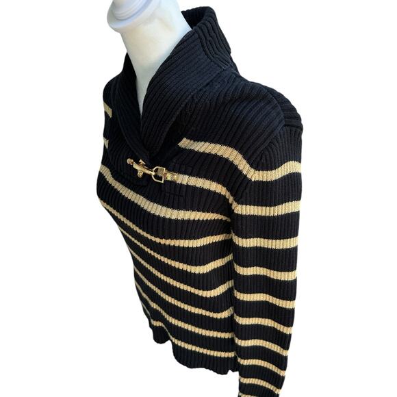 Ralph Lauren Black Label Knit Sweater Cowl Neck with Gold Metallic Clasp Stripes - Picture 6 of 10